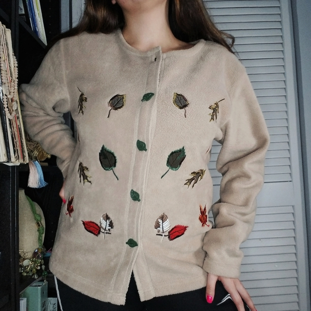 Fleece Autumn Ugly Sweater Medium Leaves Tan - Picture 2 of 4